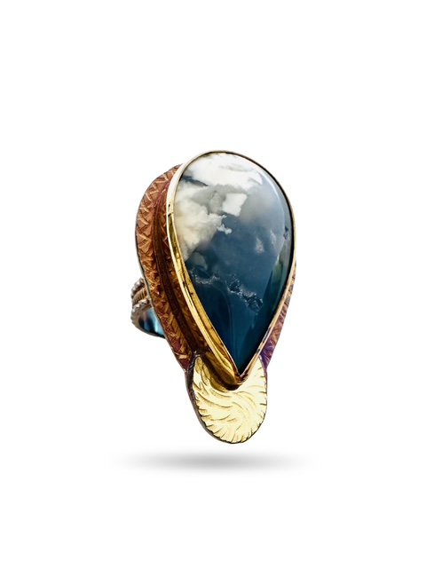 Image of 6 Sterling Silver, Fine Silver Bezel, 18k Gold, and Plume Agate over Blue Resin Ring - Size 7 by Julie Shaw
