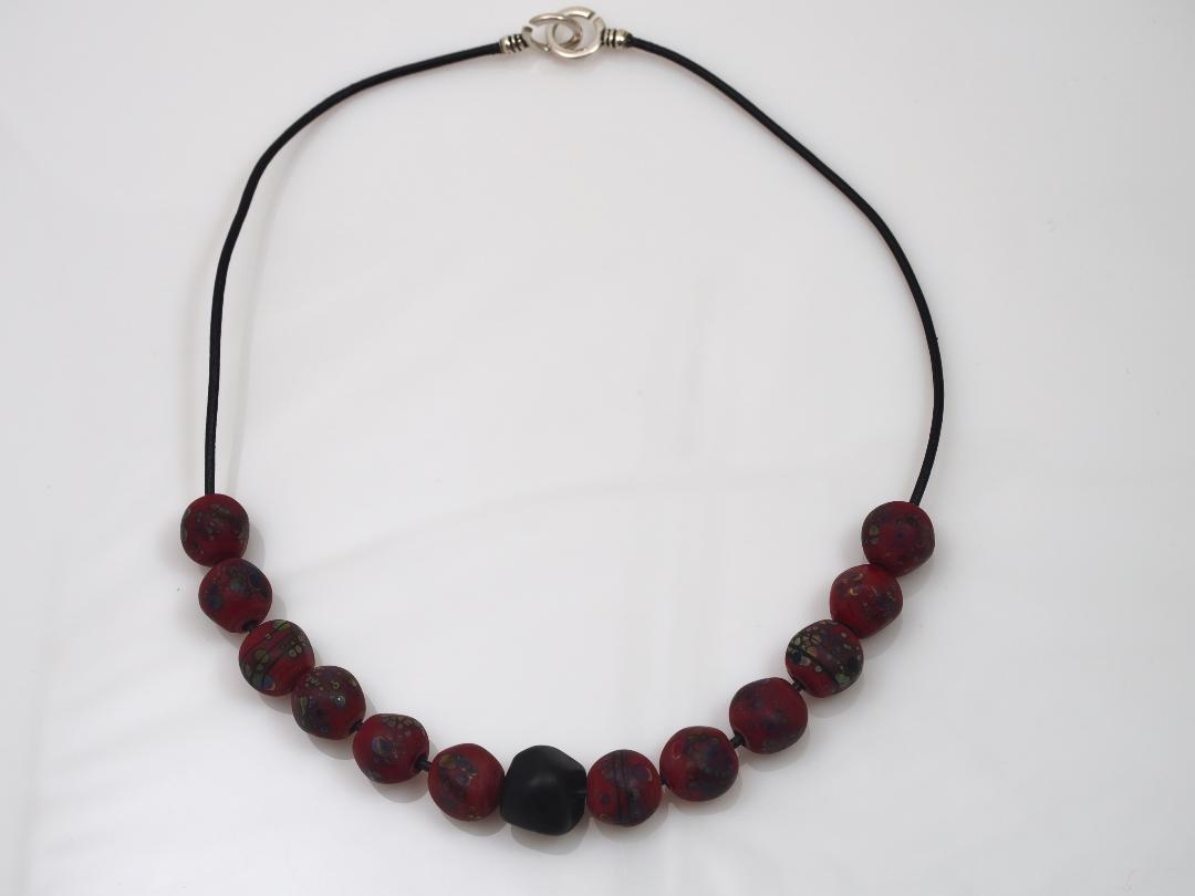Image of Red & Black Handblown Beads/Leather Necklace by Barbara Rand