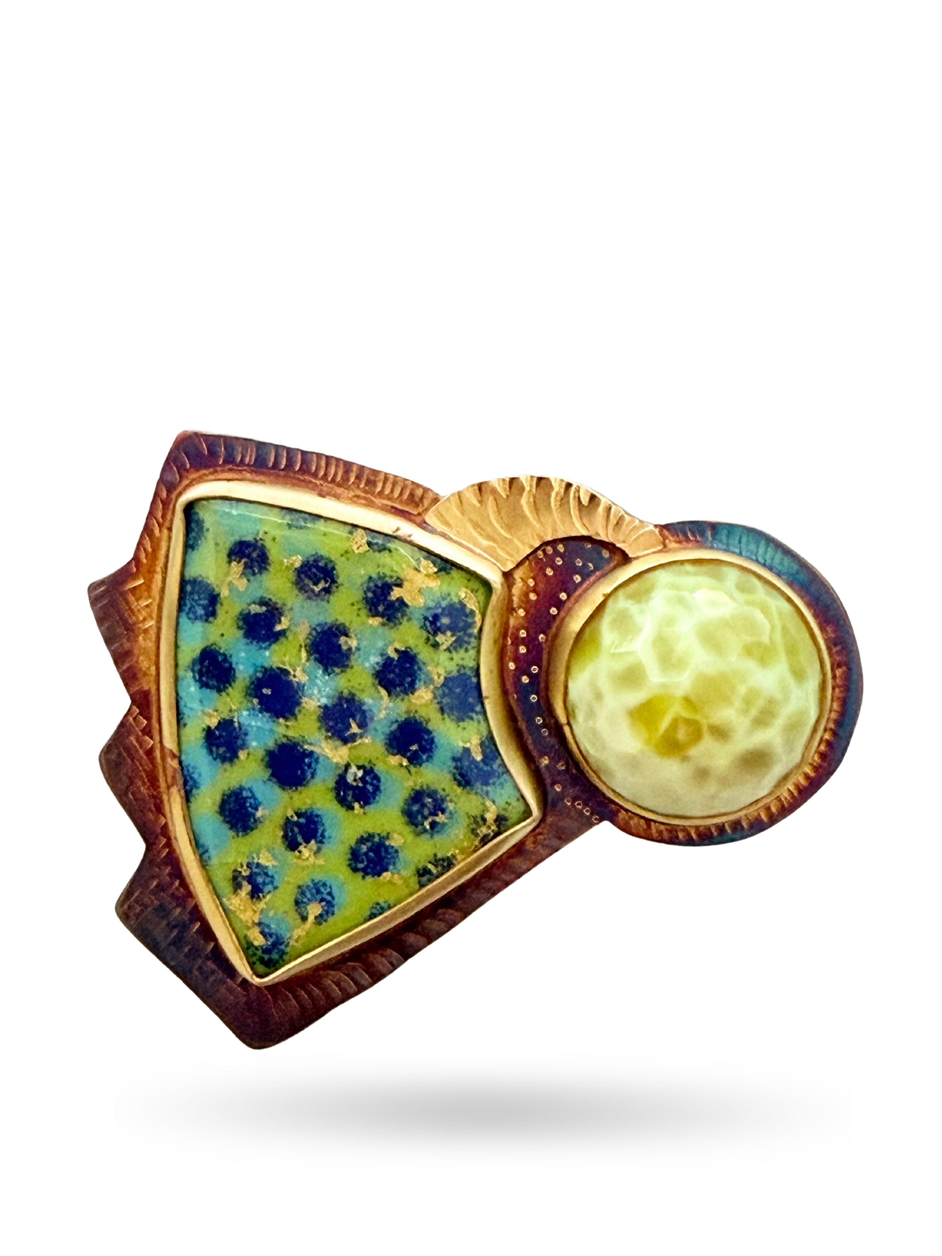 Image of 7 Sterling Silver, Fine Silver Bezels, Faceted Quartz Agate, 22k Gold and Enamel with 24k Gold Leaf on Enamel Brooch by Julie Shaw