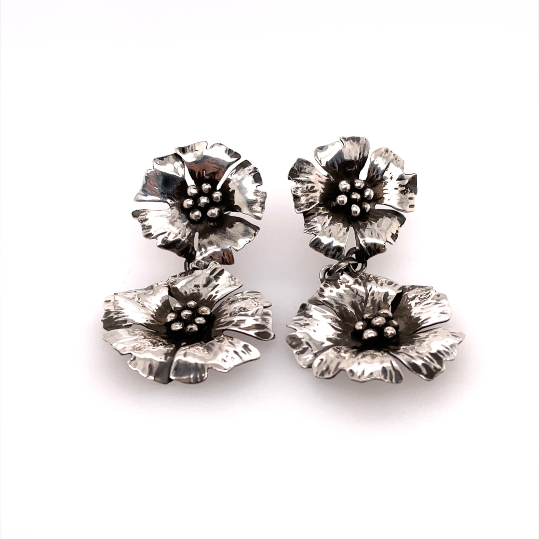 Double Poppy Post Earrings, Silver