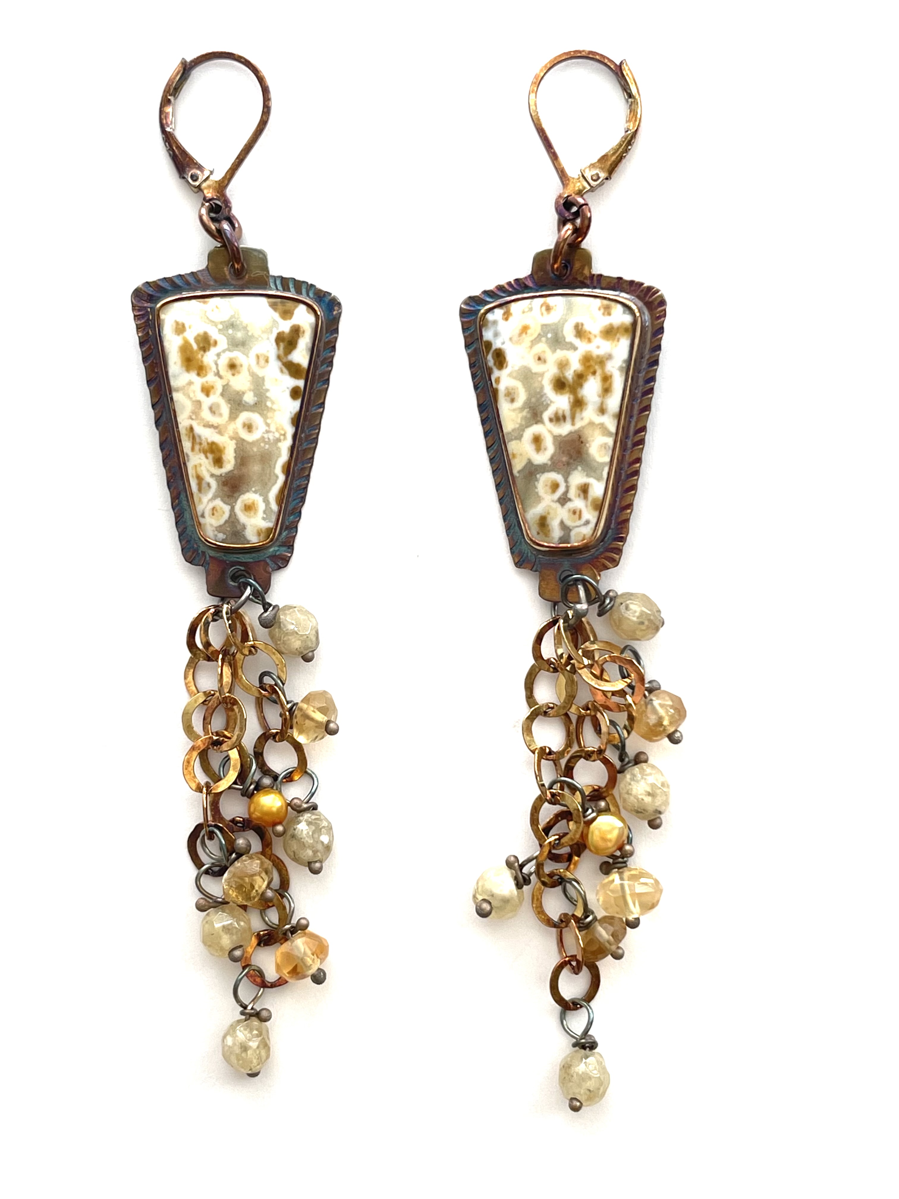 Sterling Silver and Orbicular Jasper Earrings with Citrine and Rutilated Quartz Beads