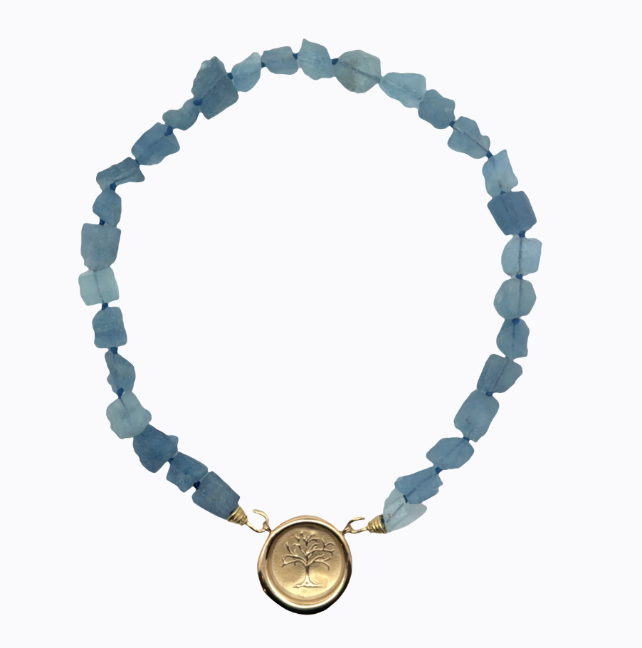 Image of Large Strong Blue Aquamarine, Raw Chunks on Hand Cast Gold Bronze Hooks by Marcia McDonough