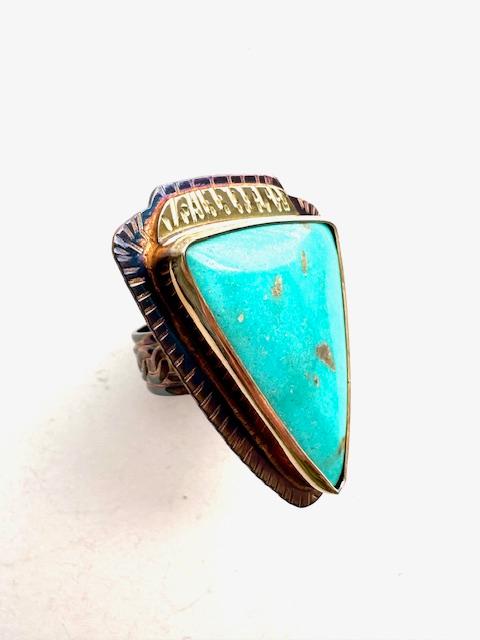 Image 2 for Sterling Silver, Fine Silver Bezel, 18k Gold, and Kingman Mine Turquoise Ring, Size 7.75
