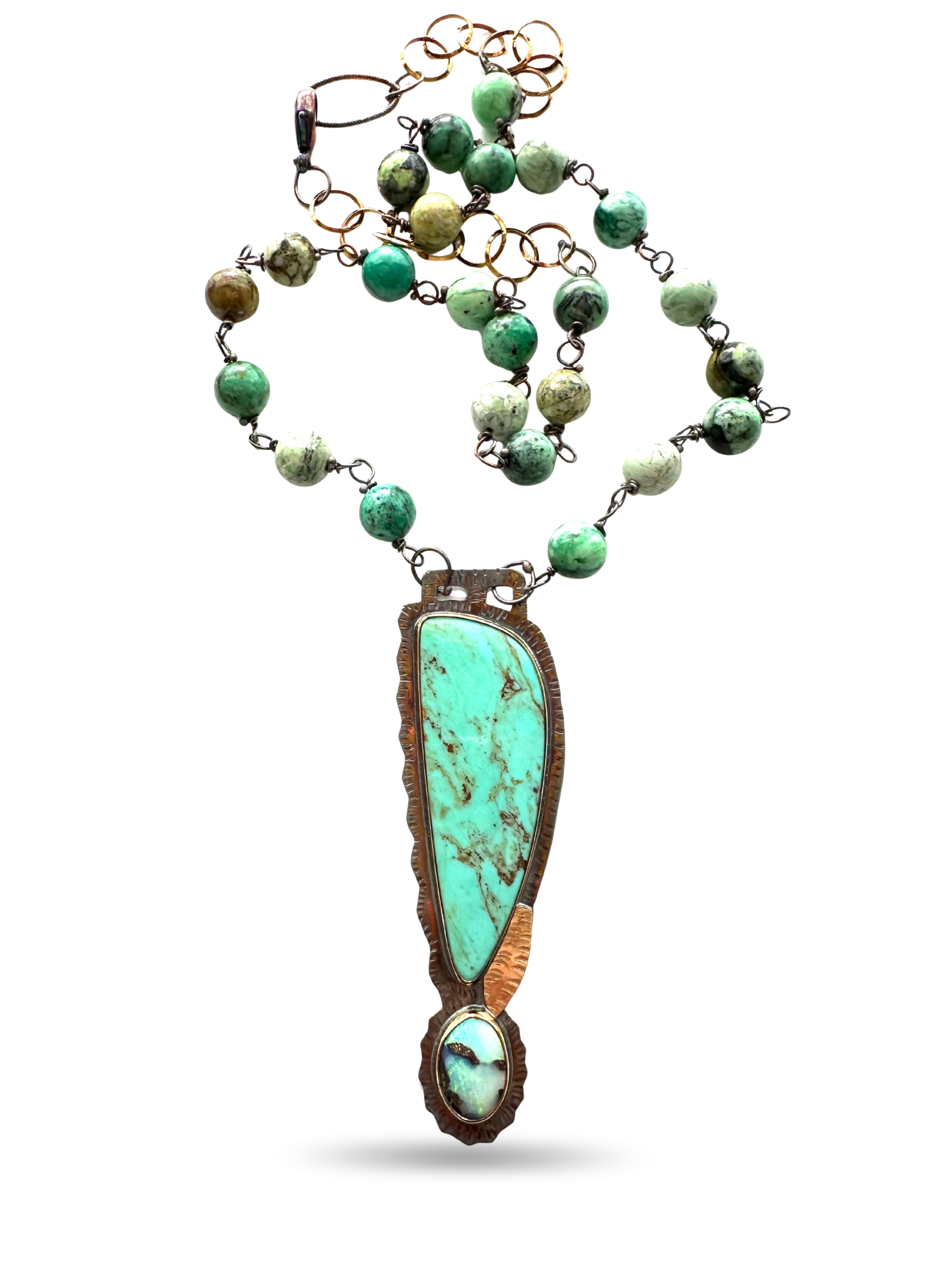 Image 2 for 2 Sterling Silver, Fine Silver Bezels, 18k Gold, Kingman Mine Turquoise, and Boulder Opal Necklace with Varisite Beads, Sterling Silver Chain, and a Lobster Clasp