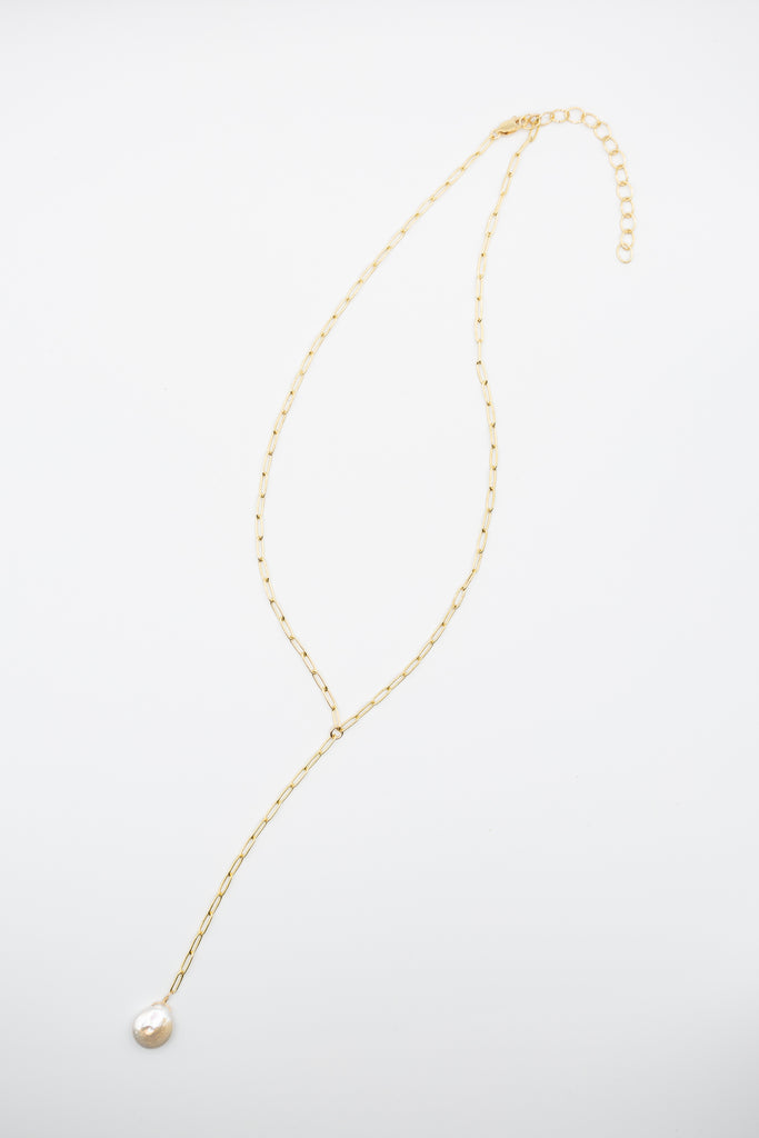 Coin Pearl Lariat Drop Necklace