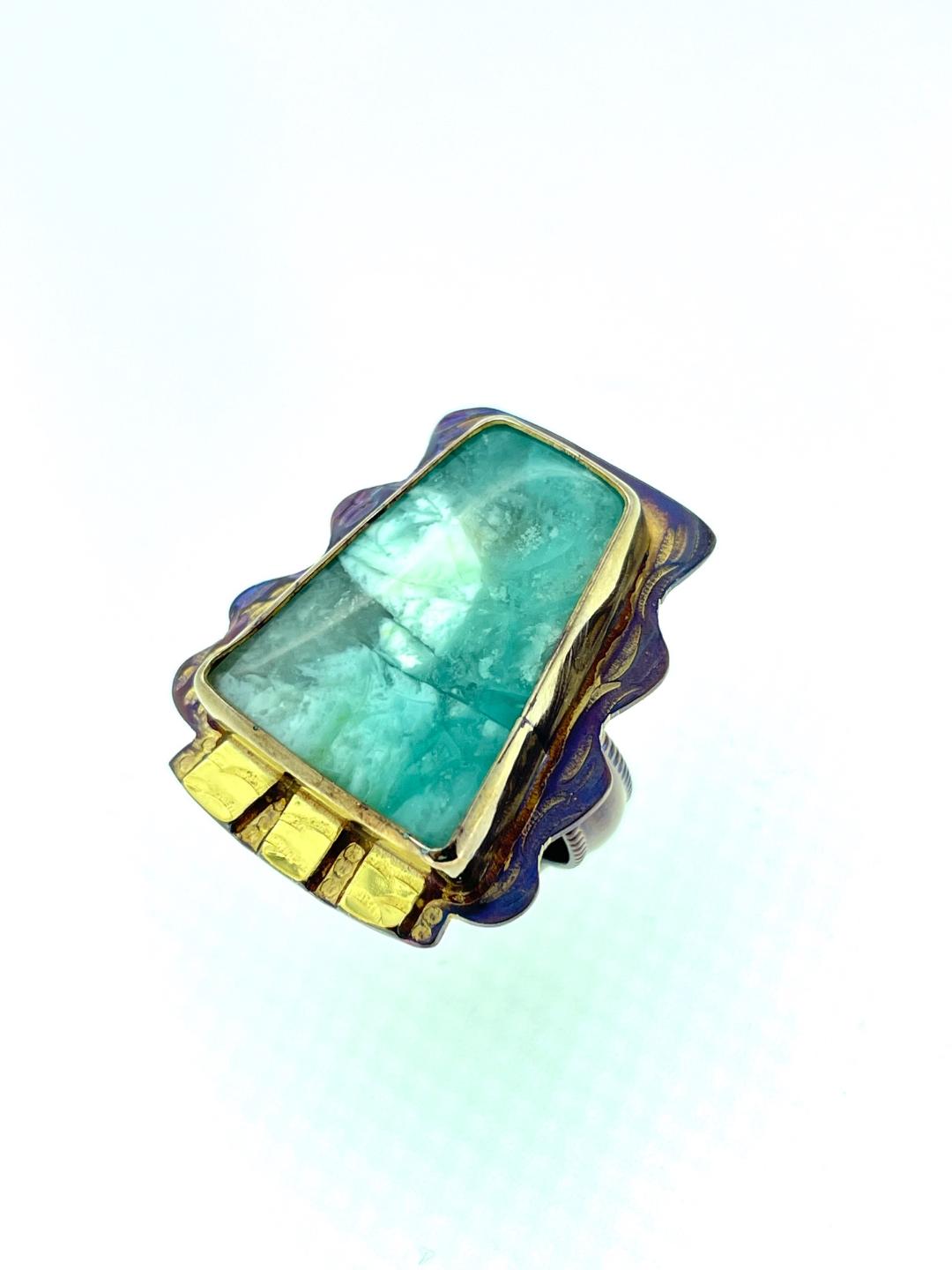 Image 1 for Blue Opal Petrified Wood Ring in Sterling Silver and 22k Gold, Size 7 Blue Opal Petrified Wood Ring in Sterling Silver and 22k Gold, Size 7