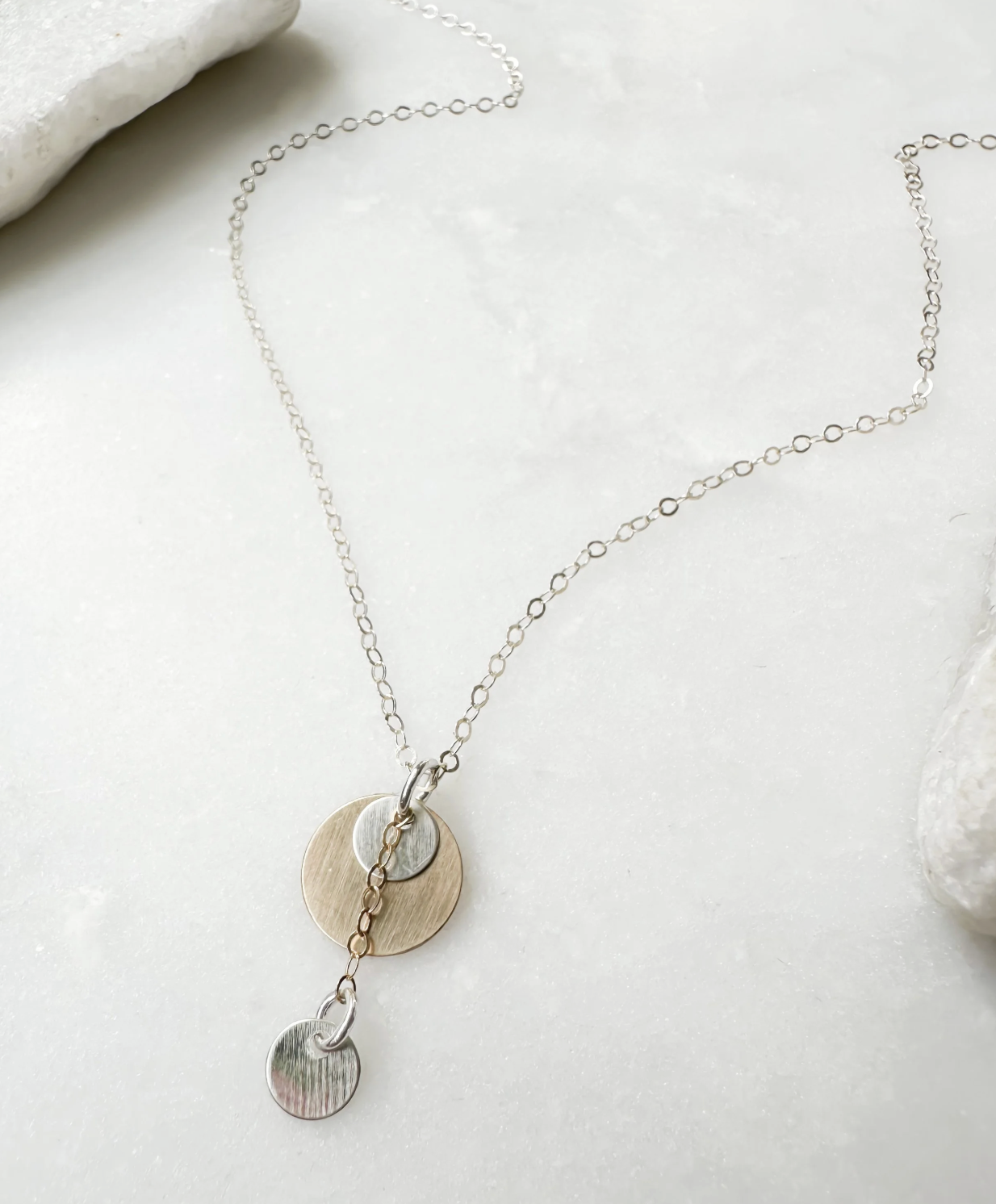 Image of Double Coin Y Drop Contrasting Necklace, Sterling and 14k Gold Fill by  RACH B Jewelry