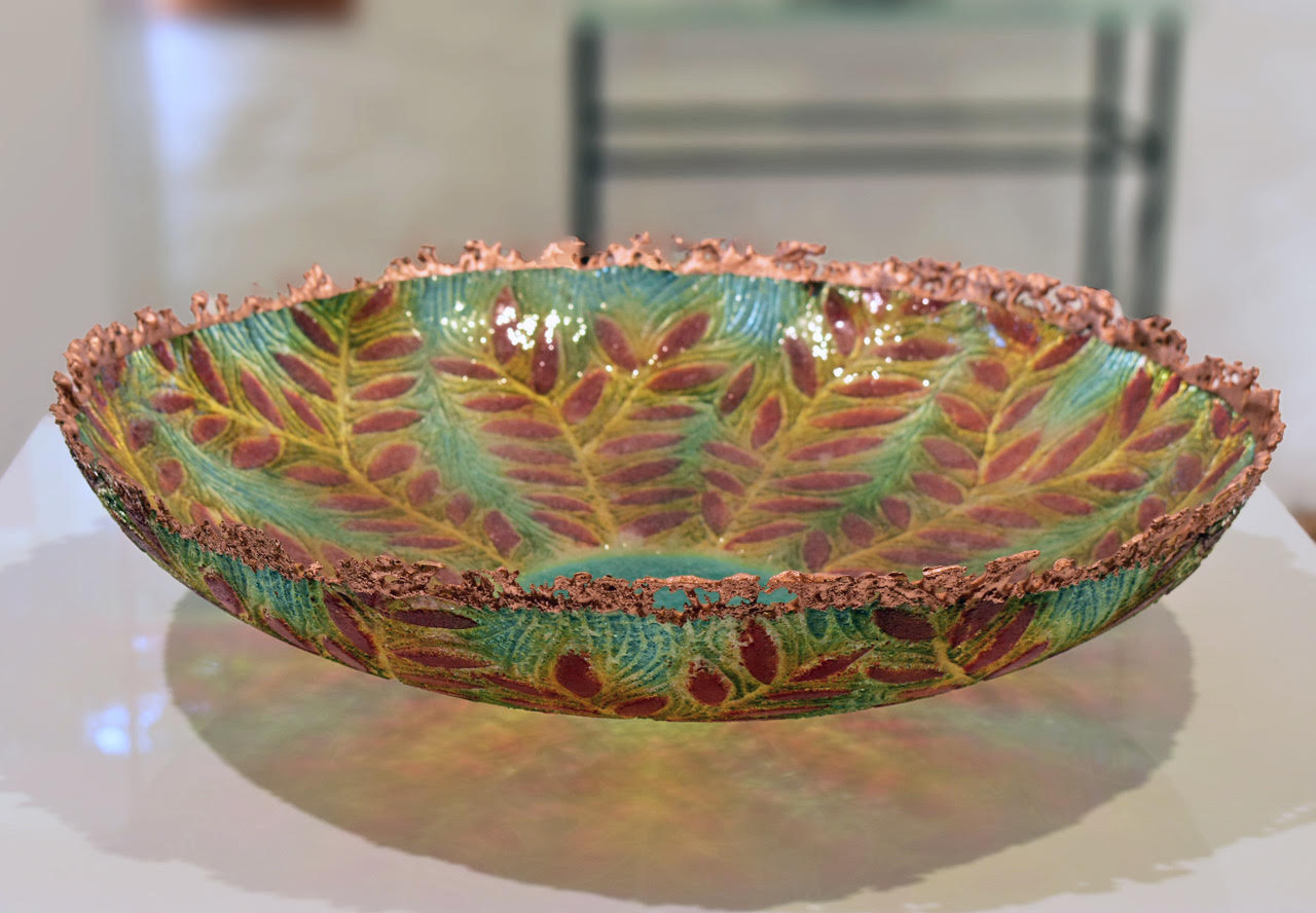 Image of Aquamarine/Red Leaf Bowl by Deanna Clayton