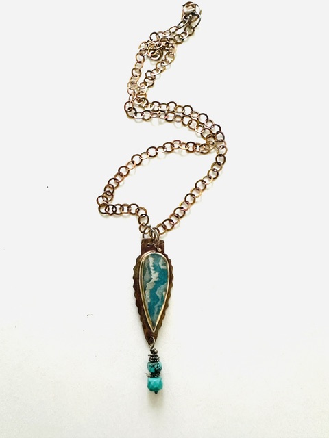 Image 2 for 6 Sterling Silver, Fine Silver Bezel, and Plume Agate over Blue Resin Necklace with Chrysocolla Beads, Sterling Silver Chain, and Lobster Clasp