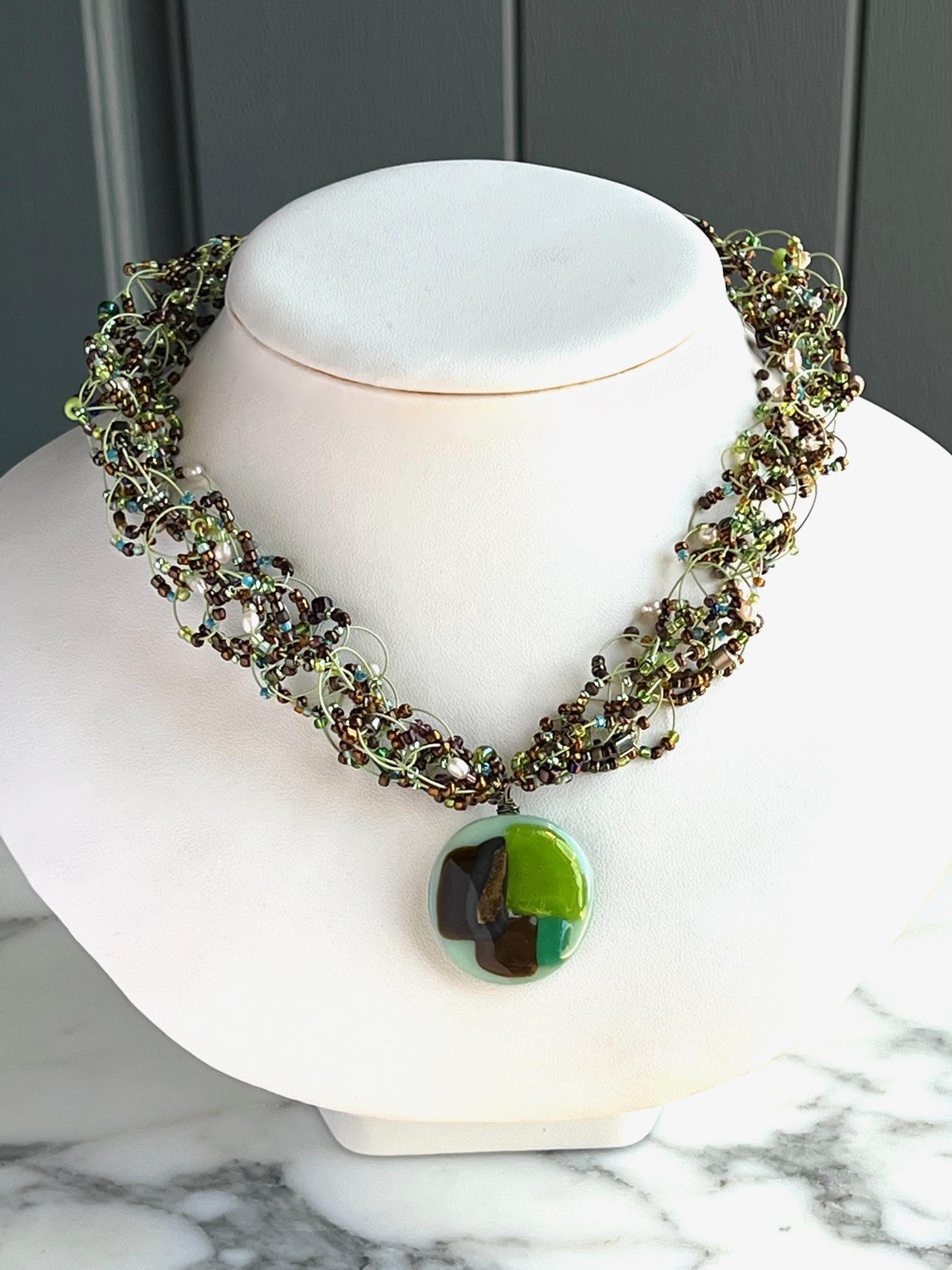 ELEVATE & INSPIRE Fused Glass Light Green and Light Brown Woven Necklace