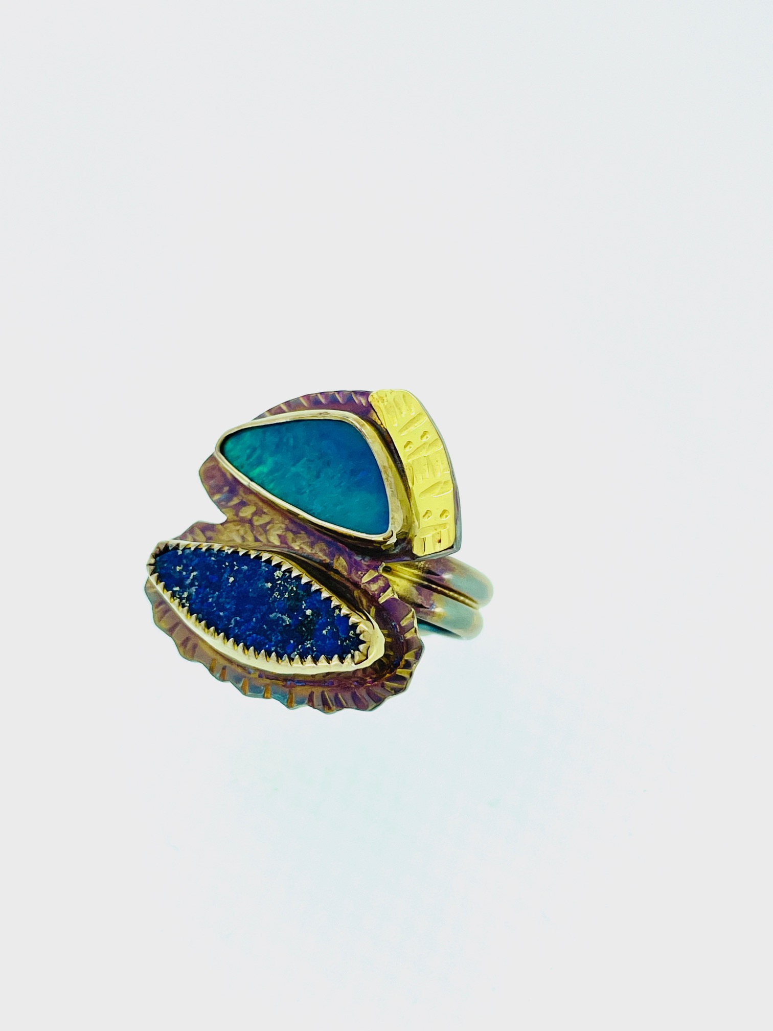Sterling Silver, 22k Gold, Natural Surface Lapis and Opal Ring - Size 7