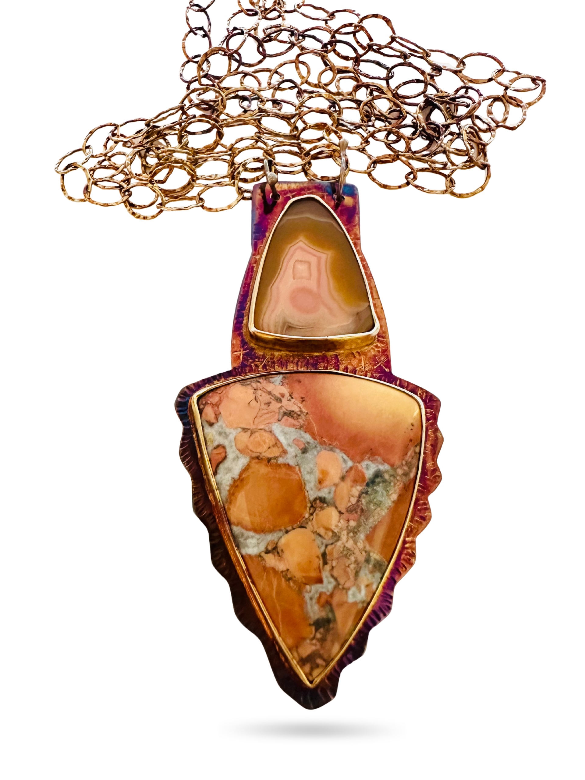 Image of 8 Sterling Silver, Fine Silver Bezels, Malgao Jasper and Moctezuma Agate Necklace with Sterling Silver Chain and Lobster Clasp by Julie Shaw