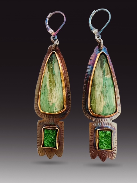 Image of 2 Sterling Silver, Fine Silver Bezels, rare Colla Wood from Turkey and Uvarovite Earrings with Sterling Silver Lever Earwires by  