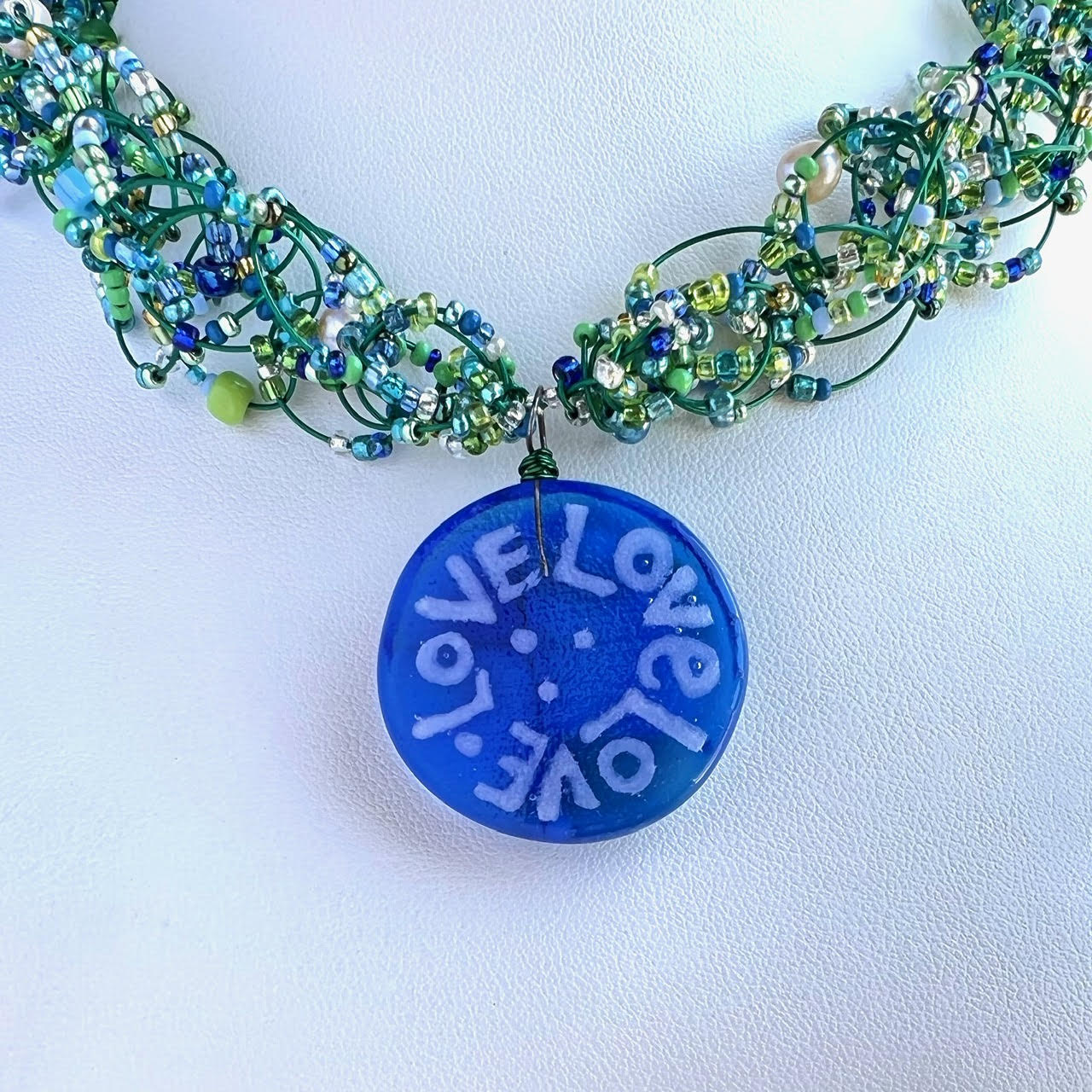 LOVE Fused Glass Green, Yellow, and Royal Blue Woven Necklace