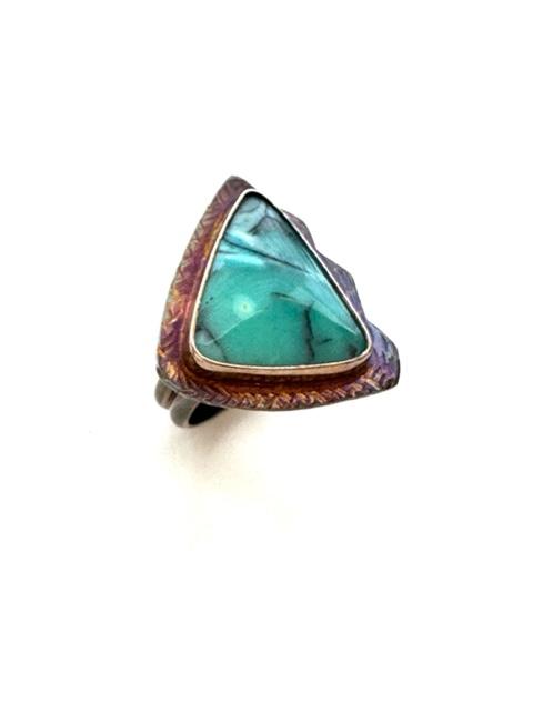 Sterling Silver and Blue Opal Petrified Wood Ring ~ Size 7
