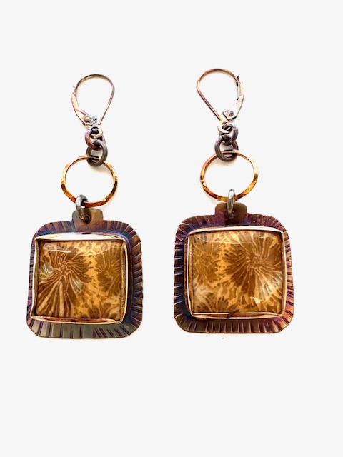 Image of Sterling Silver, Fine Silver Bezels, and Fossilized Coral Earrings with Lever Backs by Julie Shaw