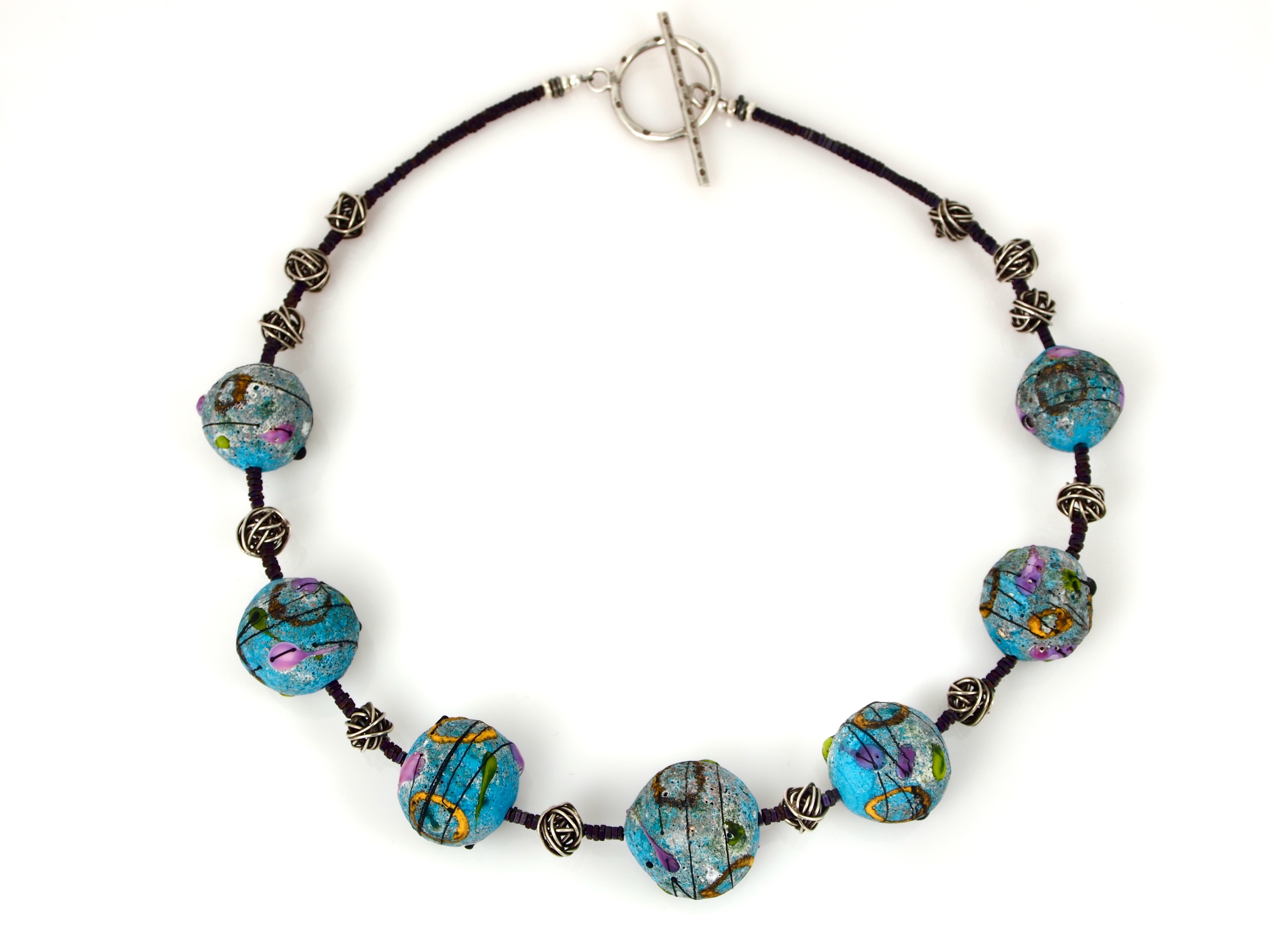 Space Odyssey Necklace - Handmade in Italy Glass Beads, Sterling and Purple Hematite, 19