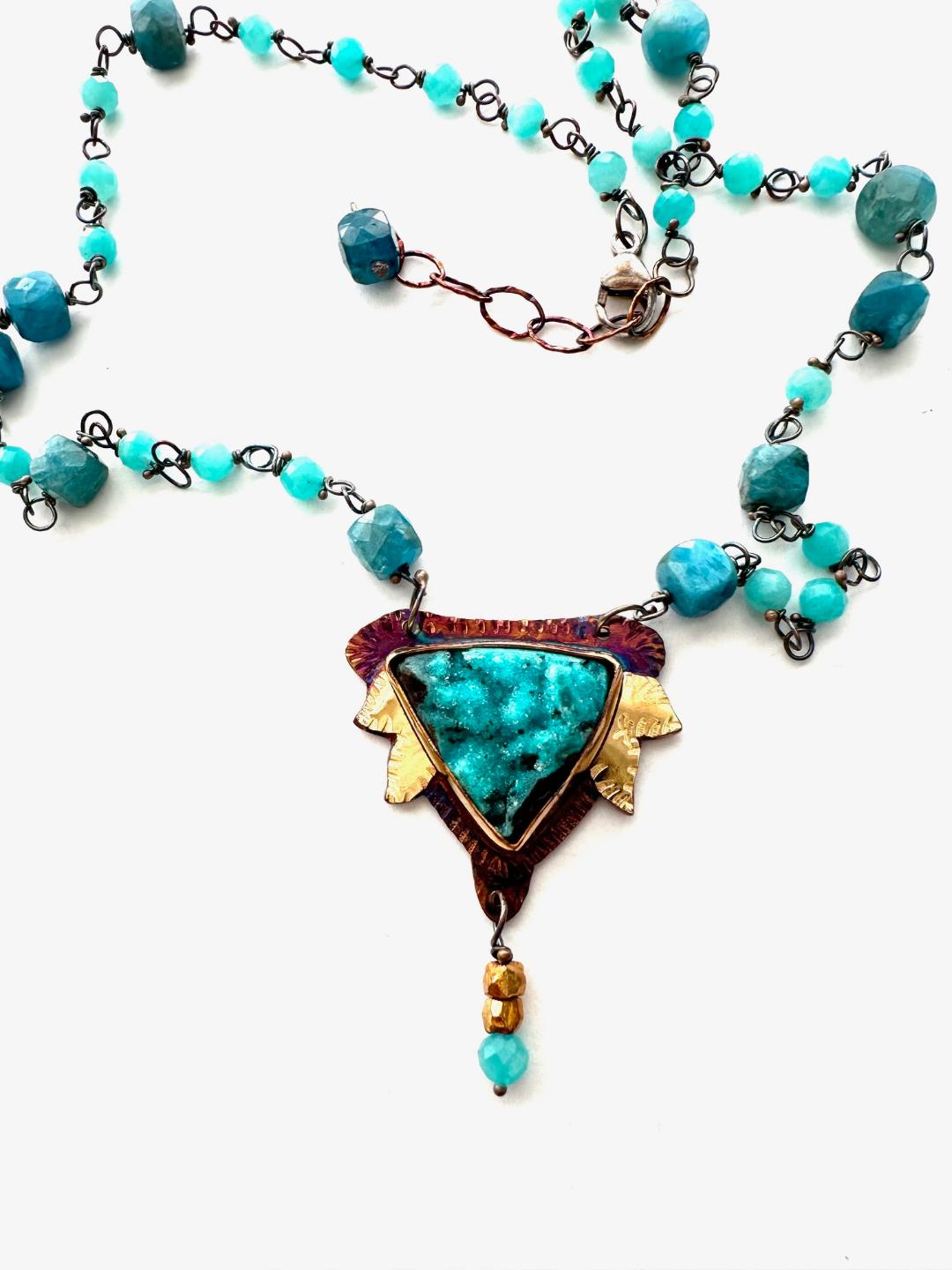 Sterling Silver, Fine Silver Bezel, 18k Gold, and Chrysocolla Druzy Necklace with Apatite and Amazonite Bead Chain and Lobster Clasp