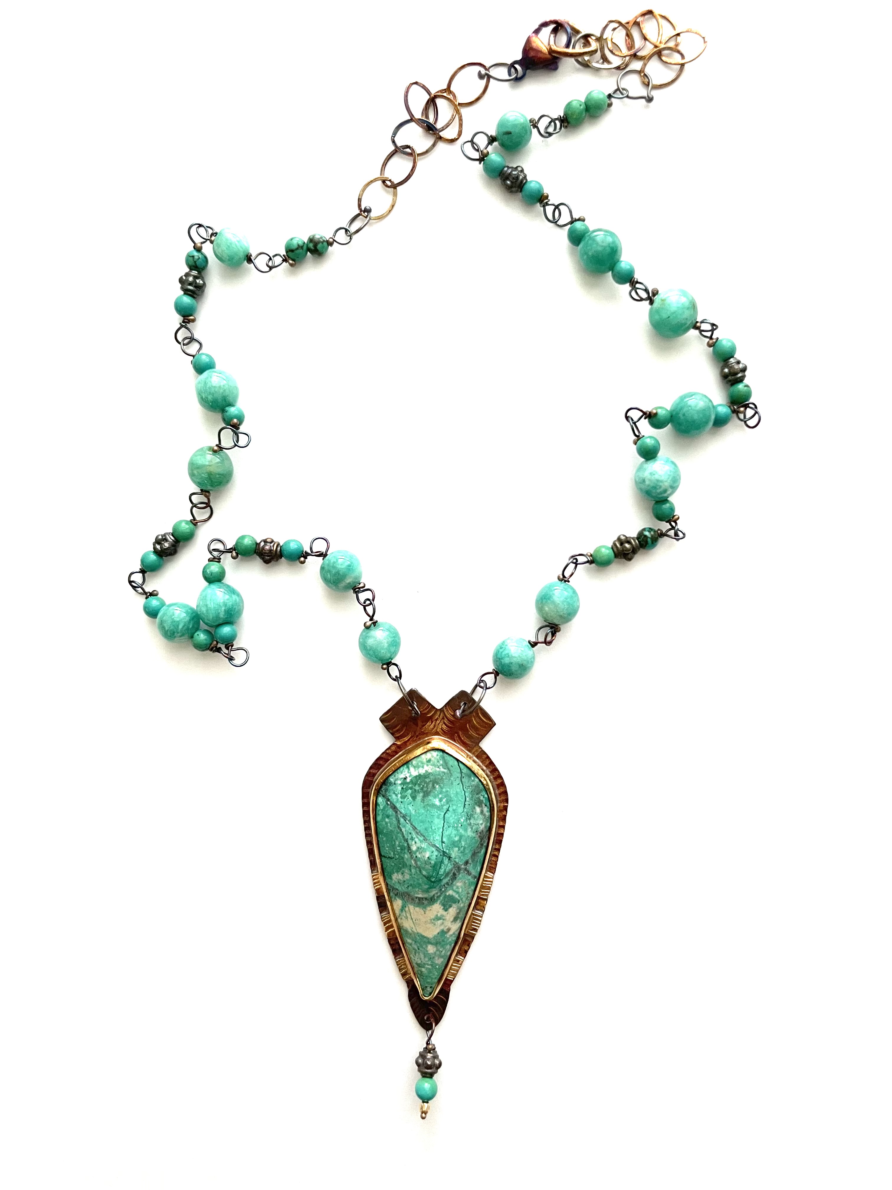 Sterling Silver, 18k Gold, Chrysocolla on 22”  Amazonite and Turquoise Beads