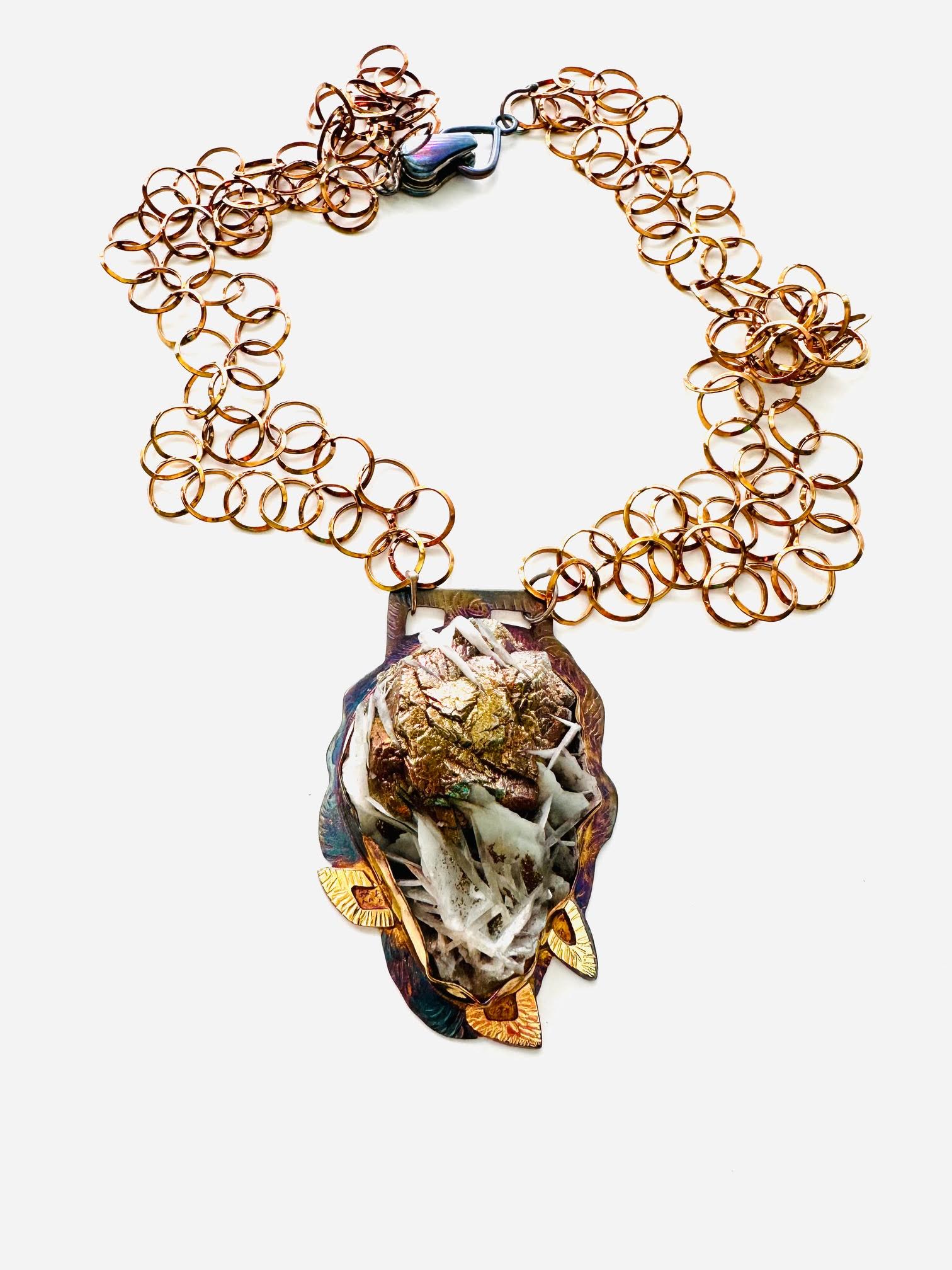Image 2 for Sterling Silver, Fine Silver Bezels, 18k Gold, Chalcopyrite and Selenite from South Australia Necklace on Sterling Silver Chain with a Magnetic Clasp