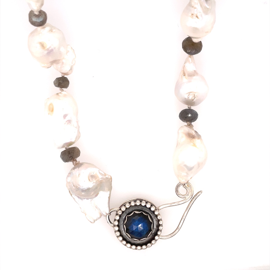 Image 1 for Baroque Pearl Necklace - White Pearls, Labradorite and Sterling Baroque Pearl Necklace - White Pearls, Labradorite and Sterling