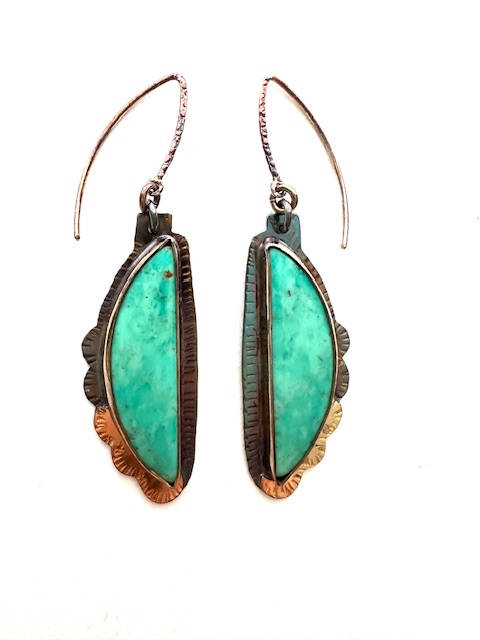 Image of Sterling Silver, Fine Silver Bezels, 18k Gold, and Kingman Mine Turquoise from the 70's Earrings by Julie Shaw