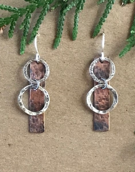 Circle Stick Sterling Silver and Copper Earrings