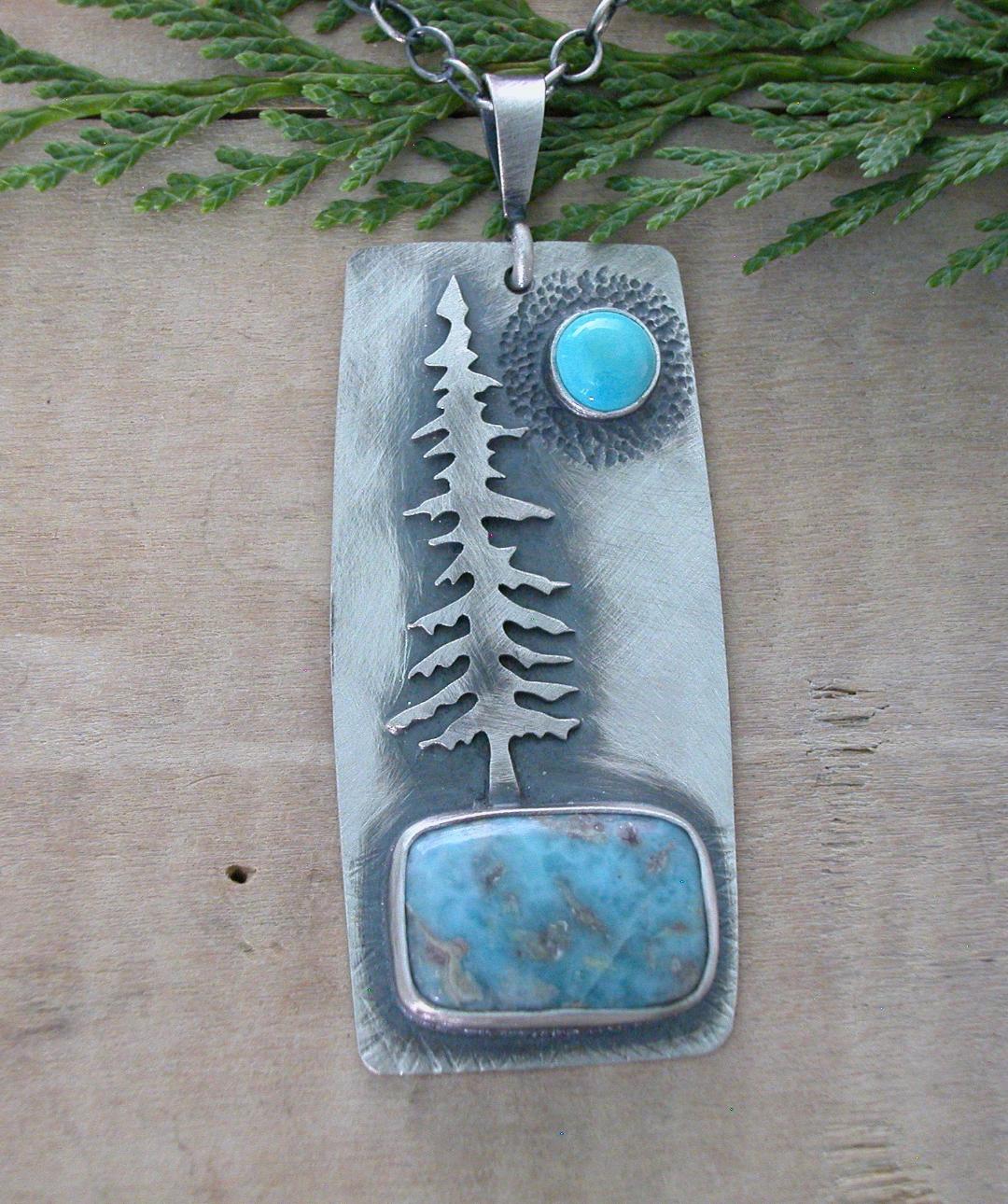 Blue Moon Tree Necklace: Sterling Silver, Larimar, and Sleeping Beauty Turquoise