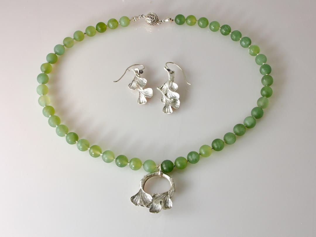 Gingko in the Spring Necklace and Earrings Set in Sterling Silver, Cast Ginkgo Leaves, and Natural Quartz Green Beads