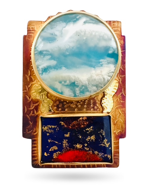 Image of 7 Sterling Silver, Fine Silver Bezels, 18k Gold, Plume Agate on Blue Resin and Gold Foil in the Enamel Fired on Copper Brooch by Julie Shaw