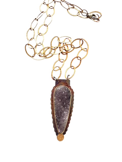 Image 2 for Sterling Silver, 18k Gold, Fine Silver Bezel, and Amethyst Crystal Necklace