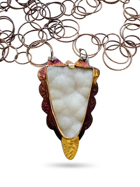 Image 3 for 5 Sterling Silver, Fine Silver Bezel, 22k Gold, and Quartz Druzy Necklace with Sterling Silver Chain
