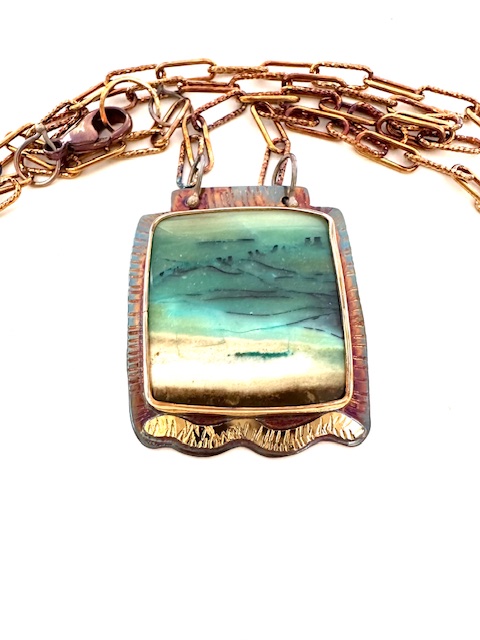 Image of Sterling Silver, Fine Silver Bezel, 18k Gold, and Blue Opal Wood Necklace with Sterling Silver Chain and Lobster Clasp by Julie Shaw