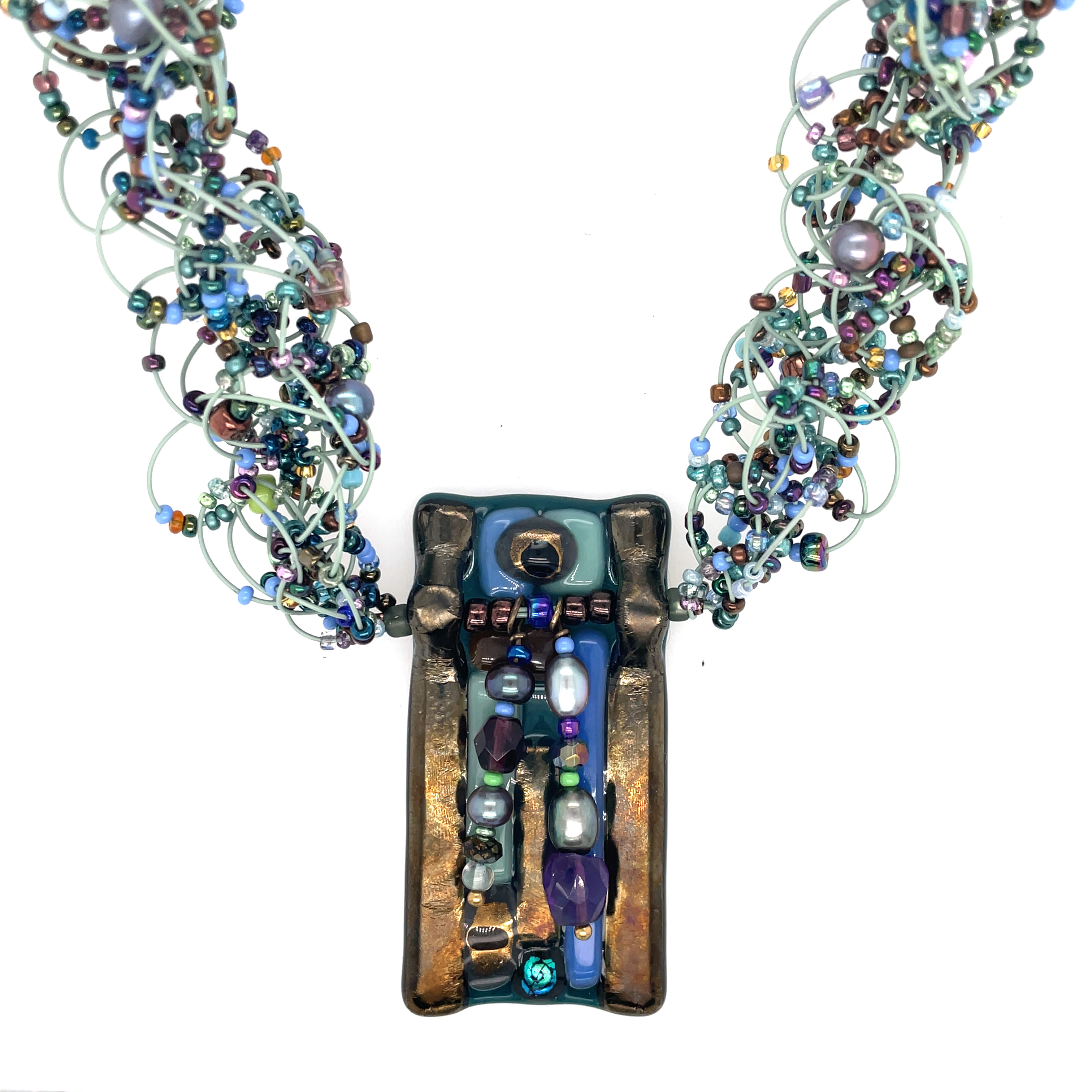 Woven Necklace with Green/Blue/Pearl Layers