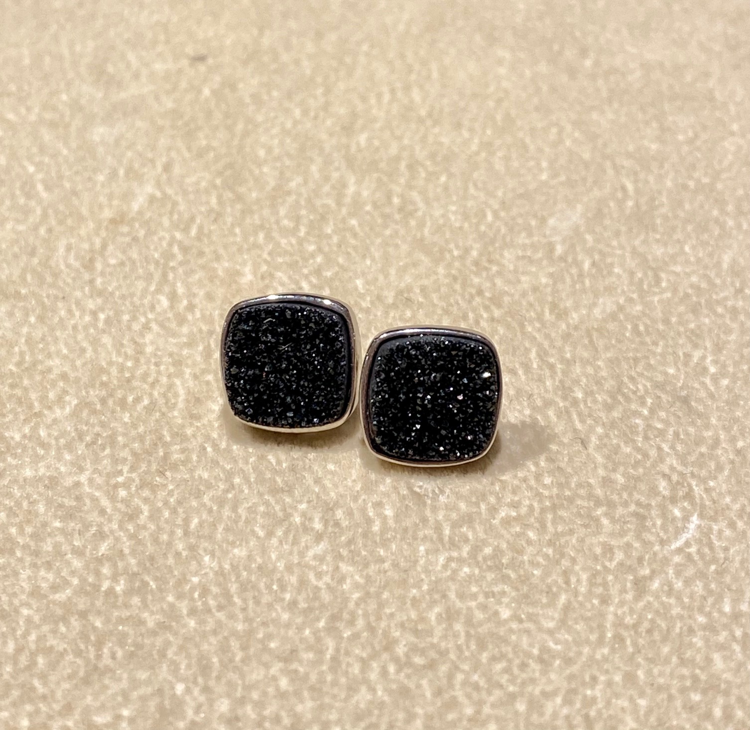 Black Druzy Squares set in Silver Earrings, 10mm