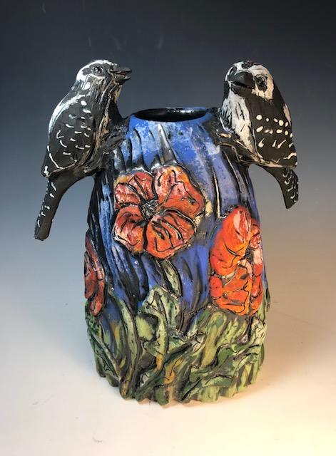Double Poppy Bird Vase