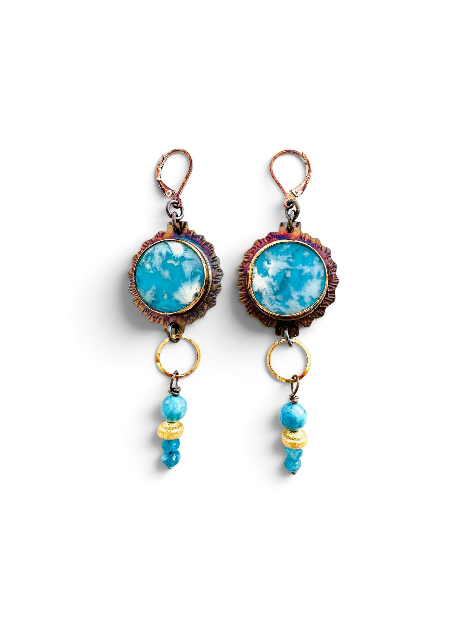 Image of 6 Sterling Silver, Fine Silver Bezels, and Plume Agate on Blue Resin Sterling Silver Lever Earrings with Amazonite Beads and Gold Filled Spacers by Julie Shaw