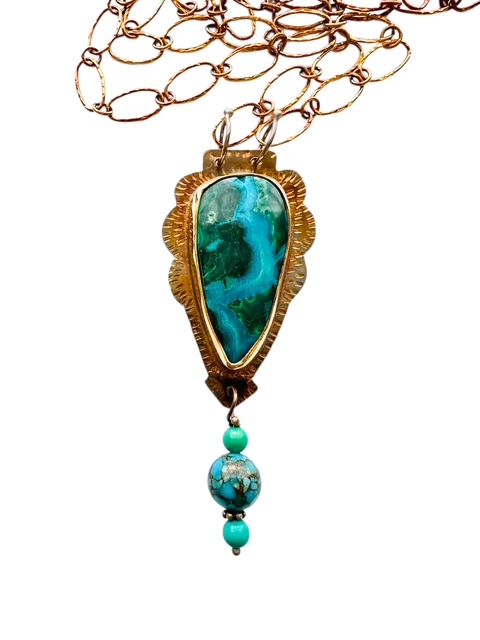 Image of Sterling Silver, Fine Silver Bezel, and Chrysocolla/Malachite Necklace with Turquoise and Chrysocolla Beads by Julie Shaw