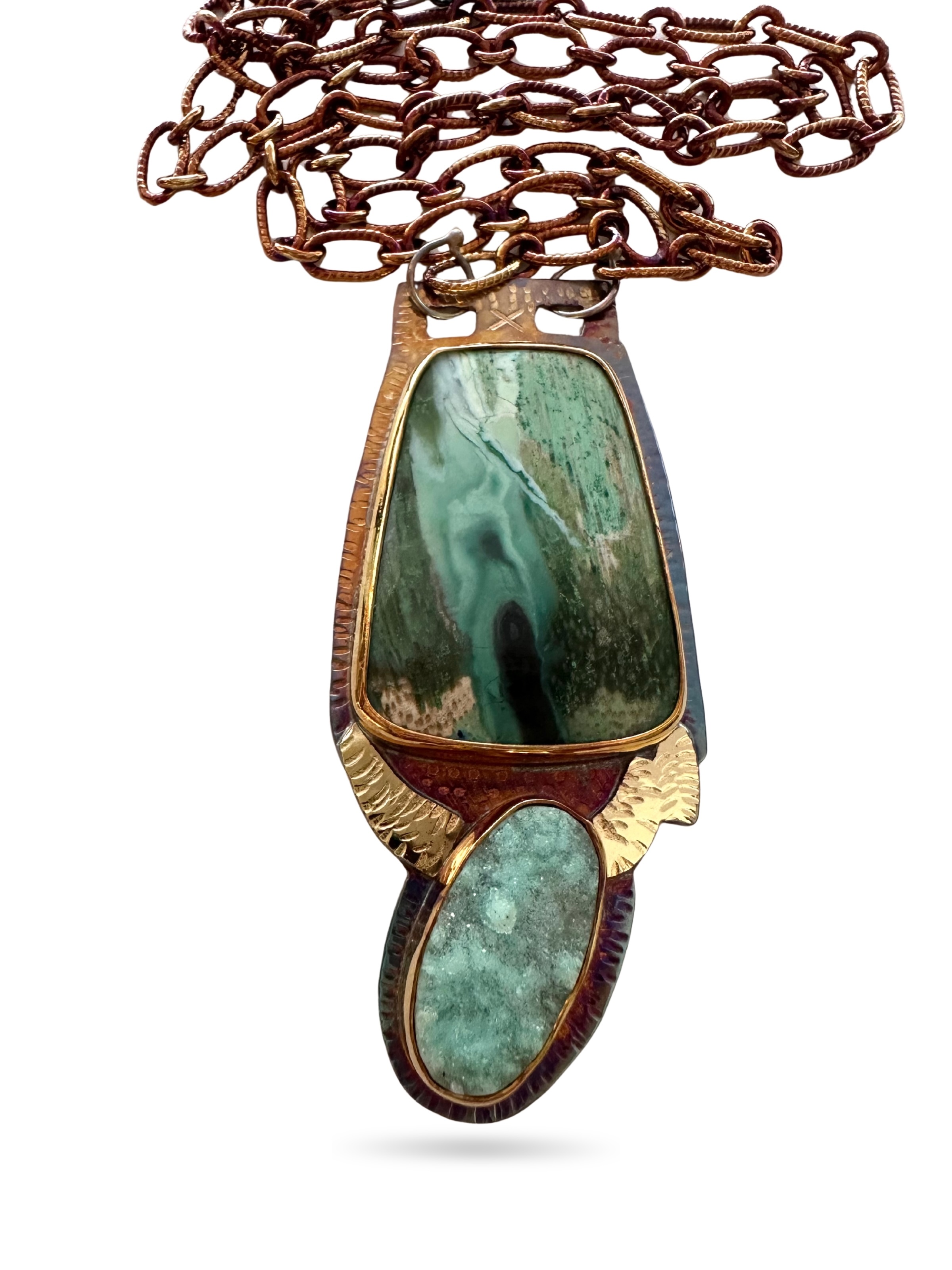 Image of 2 Sterling Silver, Fine Silver Bezels, 18k Gold, Collawood, and Hemimorphite Druzy Necklace with Sterling Silver Chain and Lobster Clasp by  