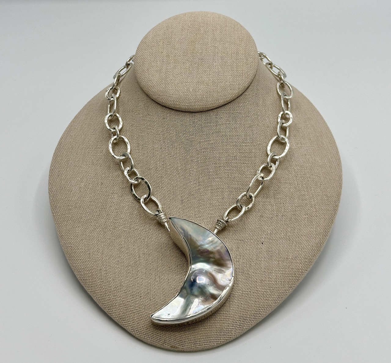 Sterling Silver and Mother of Pearl, Dimpled, Moon Shaped Centerpiece