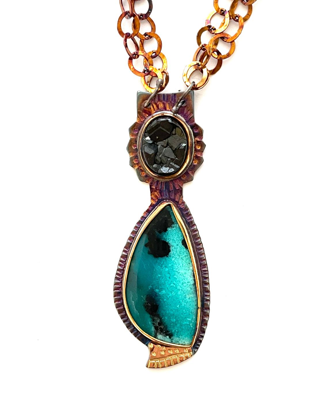 Sterling Silver, 18k Gold, Natural Surface Black Garnet and Volcanic Chrysocolla Necklace
