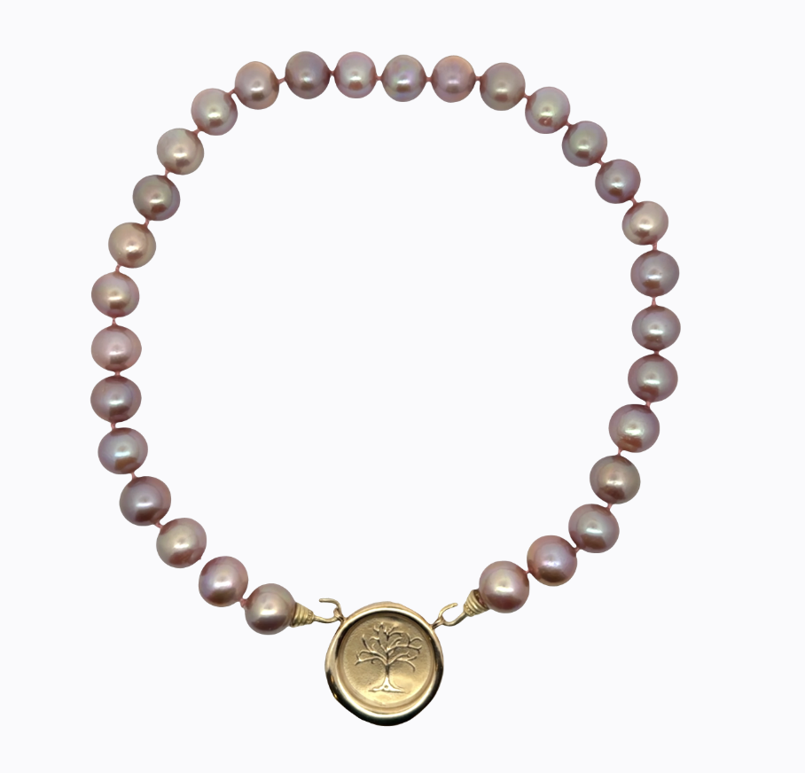 Image of Approximately 10 mm Round Natural Pink Cultured Freshwater pearls with Hand Cast Matte Gold Bronze Hooks by Marcia McDonough