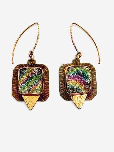 Sterling Silver, Fine Silver Bezels, 18k Gold and Rainbow Pyrite Druzy