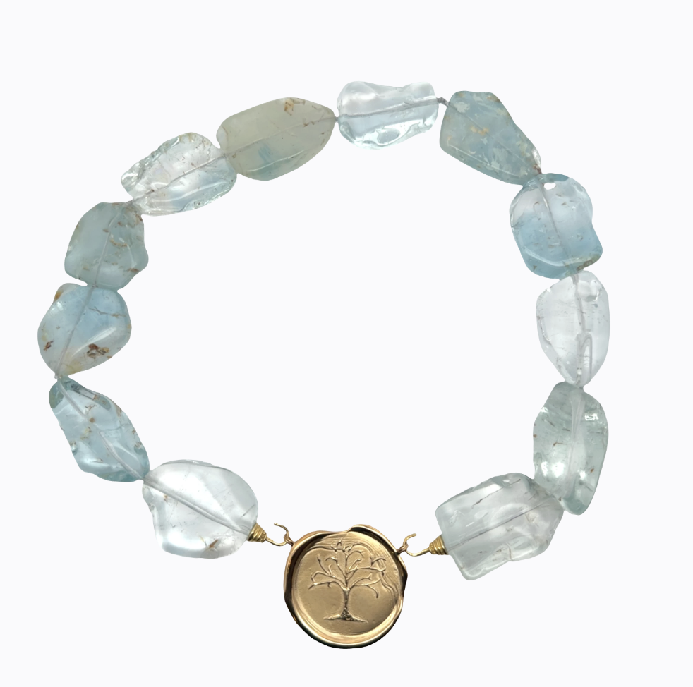 Image of Giant Blue & Green Crystal Beryl Quartz on Hand Cast Gold Bronze Hooks by Marcia McDonough