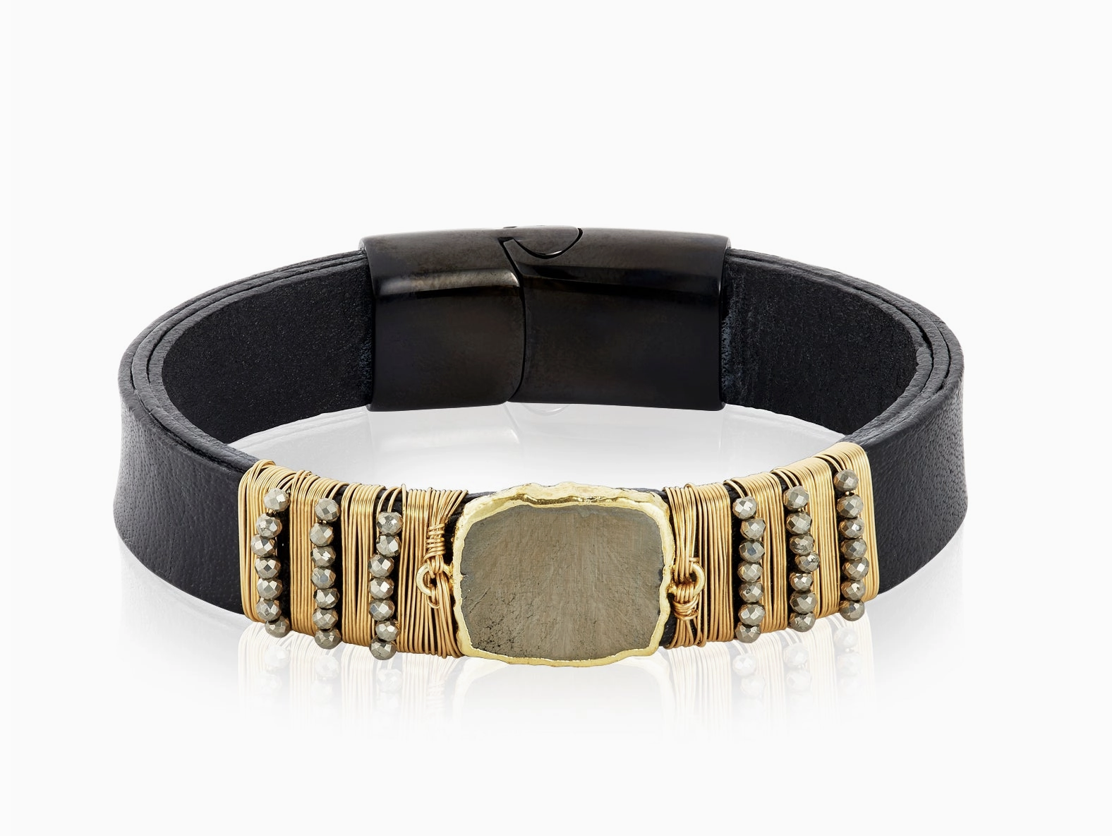Image of Center Gem Gold Wired Beads Leather Bracelet, Pyrite/pyrite beads by Mabel Chong