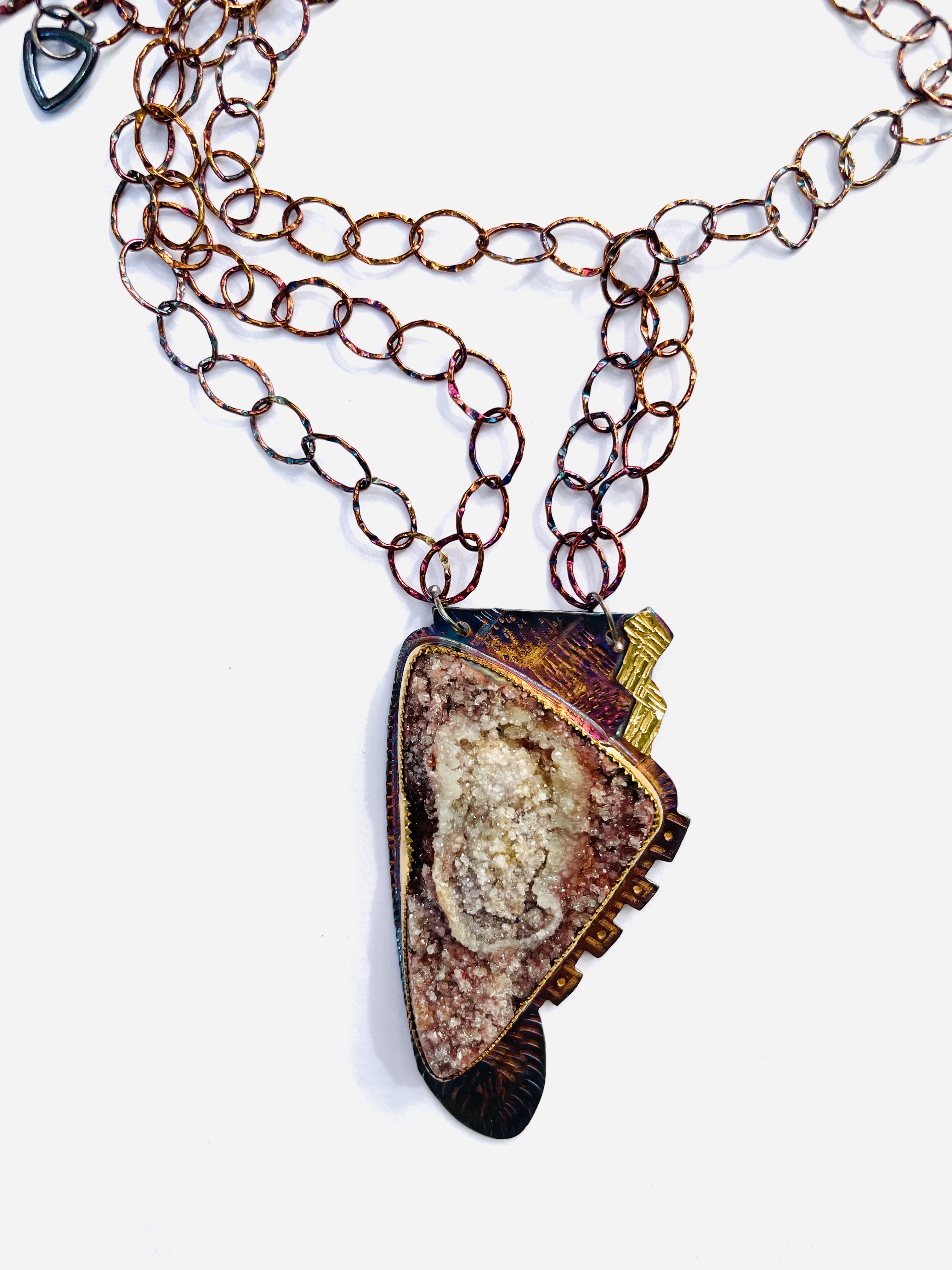 Sterling Silver, 22k Gold, Gaucho Druzy, and Fine Silver Bezel Necklace