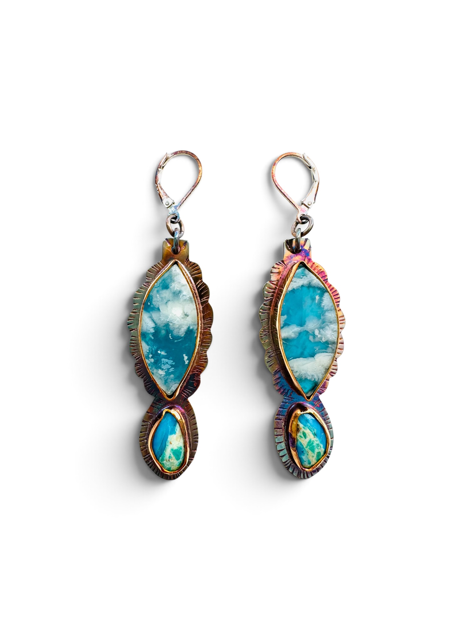 Image of 6 Sterling Silver, Fine Silver Bezels, Plume Agate over Blue Resin, and Opalwood Sterling Silver Lever Earrings by Julie Shaw