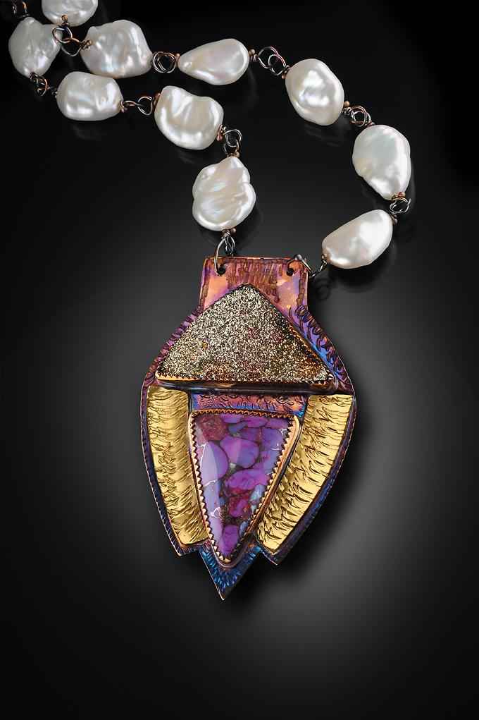 Image 1 for Sterling, 22k Gold, Mosaic Turquoise, Pyrite Druzy on Pearls Necklace Sterling, 22k Gold, Mosaic Turquoise, Pyrite Druzy on Pearls Necklace