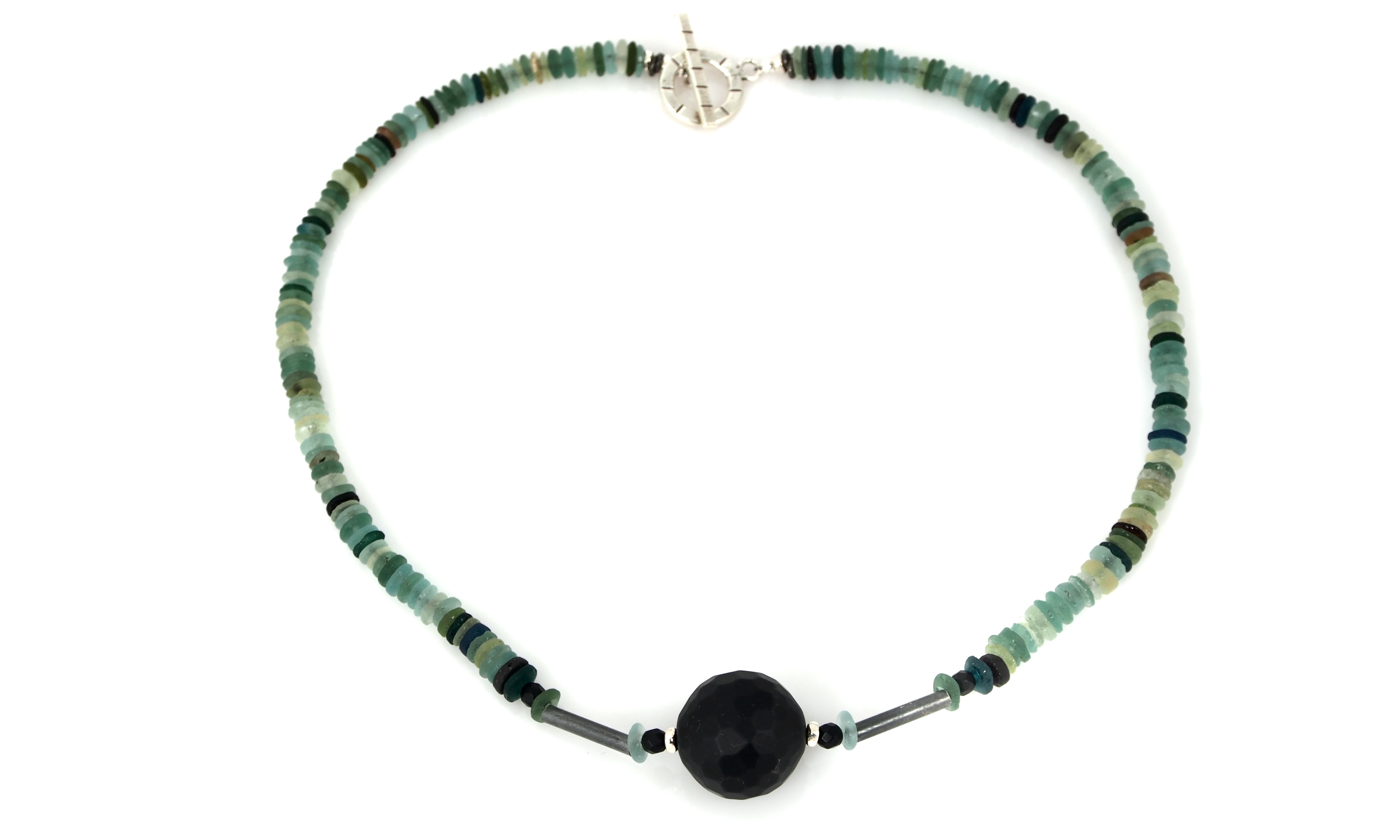 Song of the Ages Necklace - Ancient Roman Glass, Sterling Silver and Black Onyx, 19