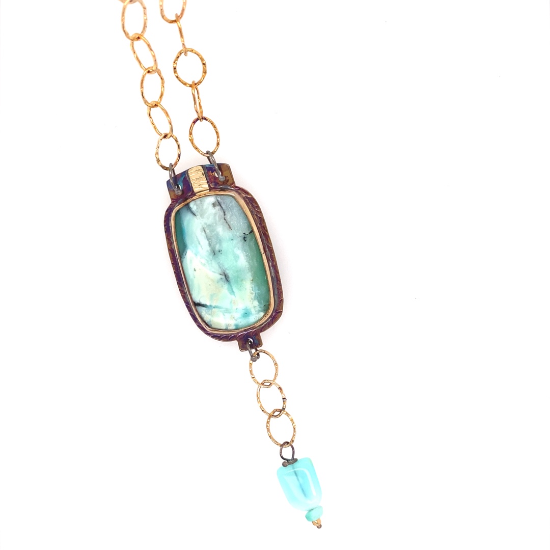Blue Opal and Petrified Wood Necklace with Sterling and 18k Gold